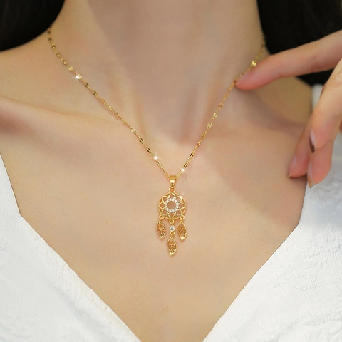 Collier Pendentif Attrape Rêves Chaîne En Acier Inoxydable Et Cuivre Avec Zircon Gland De Plume Plaqué Or Bijoux Femmes
