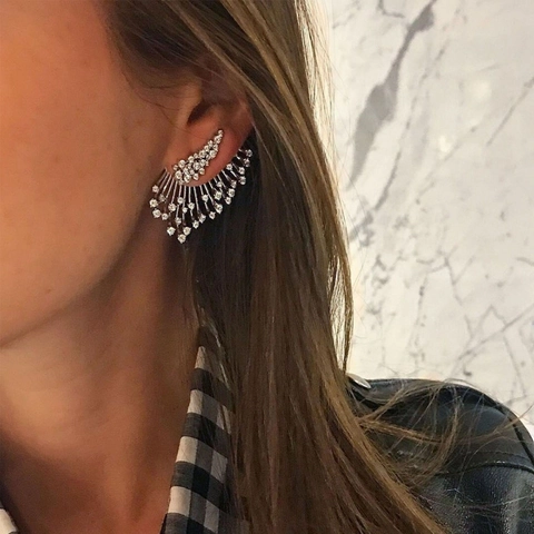 Vintage Plata Aleación de Zinc Abanico Radiante Diamantes de Imitación Ear Jackets Para Mujer Moda Chic Estilo Hoja Incrustado Diamantes de Imitación Pendientes de Botón Con Poste de Acero Inoxidable