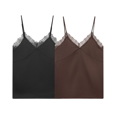 Camisola De Satén Sexy Para Mujer Borde De Encaje Cuello En V Tirantes Ajustables Moda Color Sólido Suave Sin Mangas