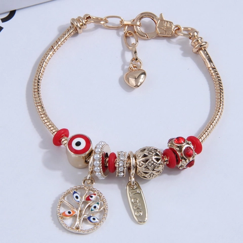 Pulsera De Dijes Árbol De La Vida Ojo Turco Aleación Cadena De Serpiente Dorada Corazón LOVE Colgante Joyería Ajustable Mujer