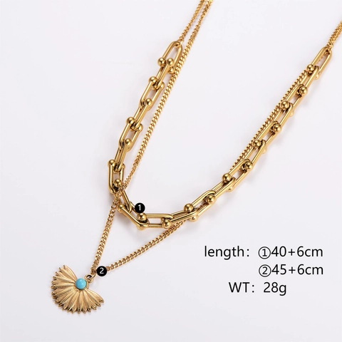 Collana Doppio Strato Acciaio Inossidabile Ciondolo Ventaglio Turchese Catena U-Link Gioielli Per Donne