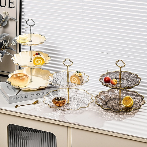 Multi-Tier Fruit Plate Stand Plastic Ripple Pattern Wave Edge Gold Rim Dessert Cupcake Holder Afternoon Tea Party Wedding Home