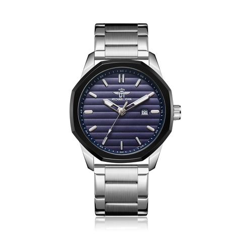 Men Business Quartz Watch With Octagonal Bezel Alloy Steel Strap Date Display Horizontal Stripe Dial Fashion Wristwatch