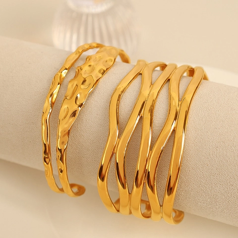 Stainless Steel Open Cuff Bracelet For Women Hollow Wave Ginkgo Leaf Star Pattern Gold Plated Adjustable Fashion Jewelry