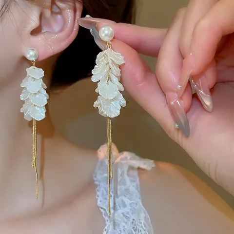 Pendientes Largos Con Borla Y Poste De Plata De Ley 925 Perla Artificial De Imitación Pétalo Blanco Vintage Francés Para Mujeres
