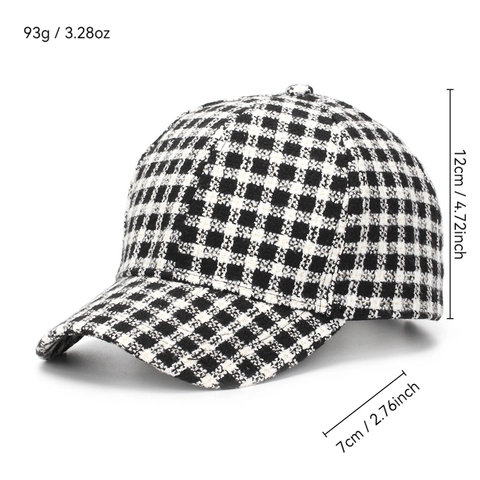 Houndstooth Plaid Tweed Baseball Cap Adjustable Metal Buckle Sun Protection Vintage Hard Top Outdoor Casual Hat