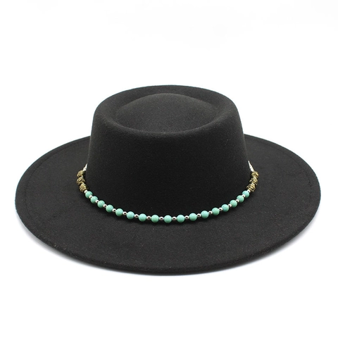 Cappello In Feltro Di Lana A Tesa Larga E Cupola Piatta Fascia In Perle Turchesi Stile Bohémien Retrò Per Donna
