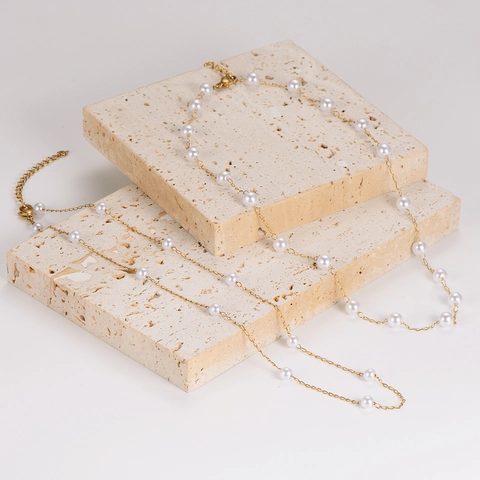 Elegante Collar De Estación Para Mujer De Acero Inoxidable 304 Con Perlas Artificiales Redondas Bañado En Oro Joyas Minimalistas