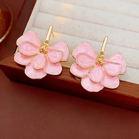 Pink Flower Ginkgo Leaf Stud Earrings Alloy Enamel With 925 Sterling Silver Earring Post Vintage Retro Style For Women
