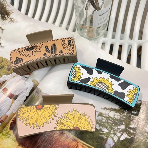 Hair Claw Clip Matte Plastic Rectangle Sunflower Cactus Pattern Cow Print Western Cowboy Style For Women Hair Accessory