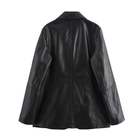 Damen Kunstleder Blazer Jacke PU Anzugkragen Einreihig Langarm Casual Streetwear Oberbekleidung Tasche