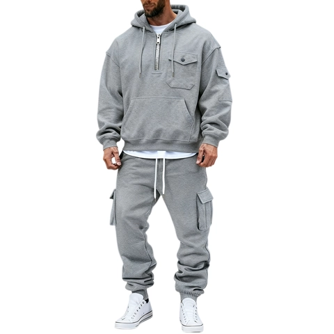 Men's Fleece Lined Tracksuit Casual Half Zip Hooded Sweatshirt And Cargo Pants Set Winter Warm Activewear