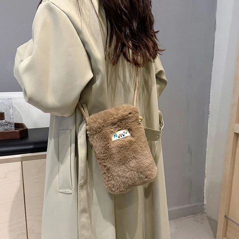 Plüsch Handy Tasche Kunstpelz Mini Umhängetasche Schultertasche Leopard Muster Winter Casual Stil Für Frauen Mädchen