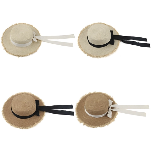 Γυναικείο Ψάθινο Καπέλο Με Φαρδύ Γείσο Επίπεδη Κορυφή Ηλιοπροστασία Φιόγκος Με Κορδέλα Κρόσσια Καλοκαίρι Παραλία Ταξίδι Κομψό