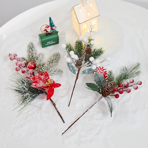 Artificial Christmas Pine Branches With Snow Frosted Berries And Pine Cones For Festive Holiday Home Decor Floral Arrangement