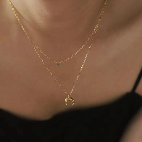 Collana A Strati Acciaio Al Titanio Zirconia Cubica Verde Ciondolo Mezzaluna Placcato Oro Gioielli Donna