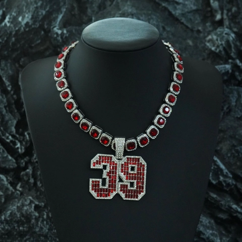Collana Hip Hop Numero 39 Lega Vetro Rosso Strass Iced Out Ciondolo Catena Cubana Gioielli Per Uomini Donne