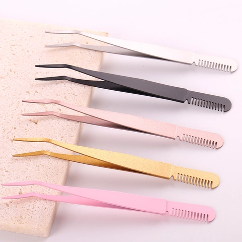 Professional Stainless Steel Eyelash Tweezers With Comb Multi Functional False Eyelash Applicator Eyebrow Combing Beauty Makeup Tools