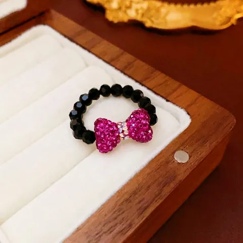 Beaded Bowknot Rhinestone Crystal Ring Elastic Korean Style Sweet Fashion Accessory For Women