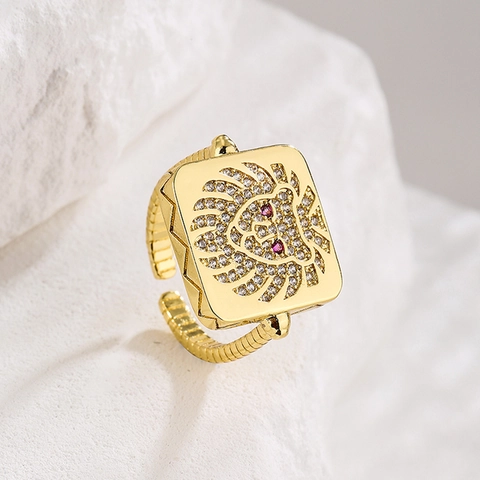 Lion Head Relief Adjustable Ring Copper Gold Plated With Zircon Hip Hop Punk Geometric Fashion For Women