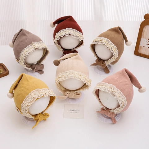 Bébé Bonnet Chapeau Acrylique Tricoté Dentelle Fleur Pompon Hiver Chaud Coupe-vent Attache Pour Nourrisson