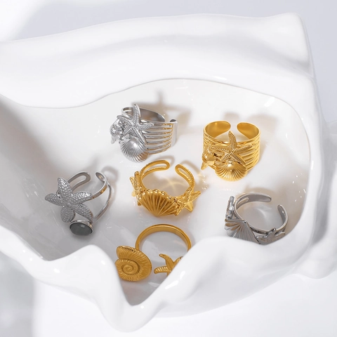 Anello Aperto in Acciaio Inossidabile a Tema Oceanico per Donna Placcato in Oro 18K Regolabile Strass Conchiglia Stella Marina Gioielli Moda