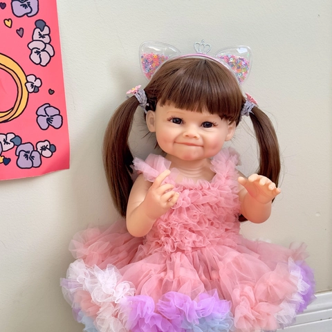 Realistic Reborn Baby Doll Vinyl Simulation Smiling Dimple Toy Pink Gradient Mesh Dress Brown Pigtails Hair For Kids Gift