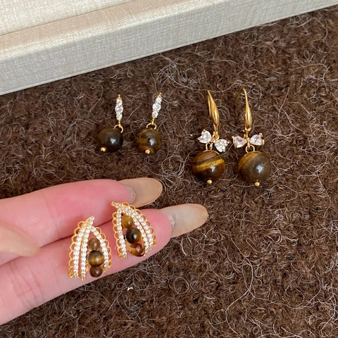 Retro Tiger Eye Stone Teardrop Earrings Copper Geometric Dangle With 925 Sterling Silver Earring Post For Women