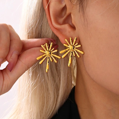 Pendientes De Botón De Sol Acero Inoxidable Radial Irregular Textura Martillada Estilo INS Joyas Para Mujeres