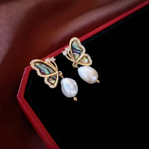 Boucles D'oreilles Pendantes Papillon Künstliche Perles Baroques Avec Nacre D'abalone Zircon Et Tige En Argent Style Rétro Femmes
