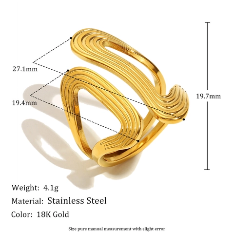 Stainless Steel Ring 18K Gold Plated Irregular Geometric Wave Line Adjustable Open Minimalist Fashion Jewelry For Women