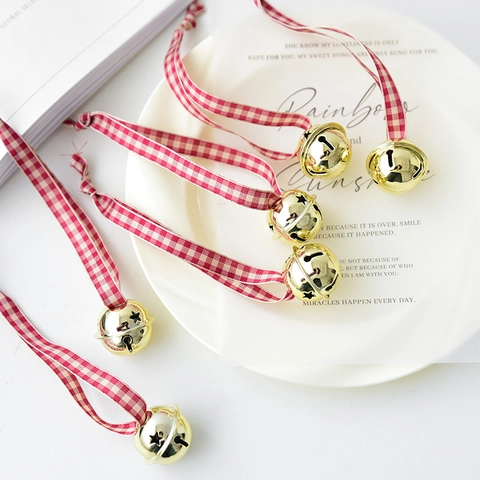 Golden Metal Christmas Bells Ornaments With Plaid Ribbon Star Cutout For Xmas Tree Hanging Decoration