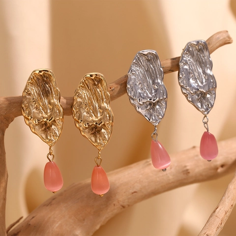Vintage Schmetterlingsflügel Hängeohrringe Edelstahl 18K Vergoldet Unregelmäßiges Metall Rosa Tropfenstein Damen