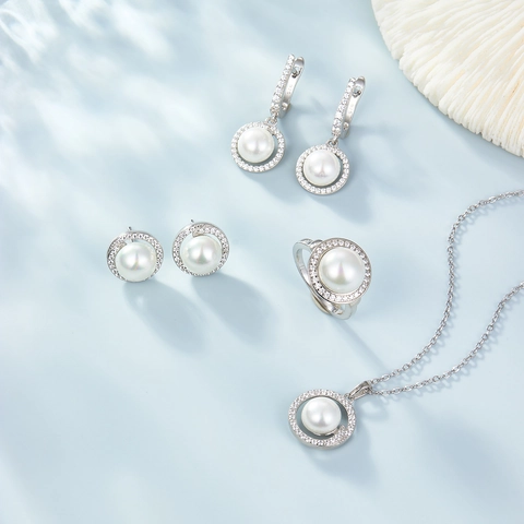 925 Sterling Silver Round Artificial Pearl Jewelry Set Rhinestone Inlaid Necklace Earrings Ring For Women Vintage Elegant Accessory