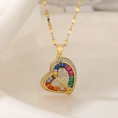 Herz Anhänger Halskette Kupfer Vergoldet Zirkonia Regenbogen Bunt Micro Pave Luxus Schmuck Für Damen