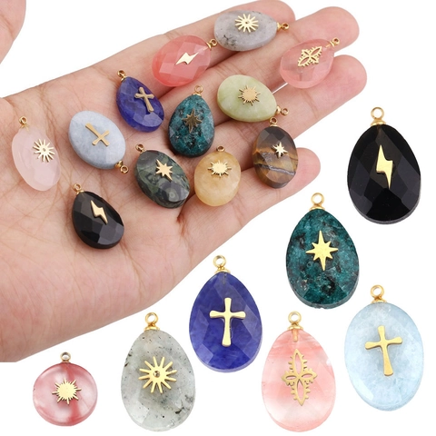 Natural Stone Stainless Steel Pendants 18K Gold Plated Inlaid Sun Cross Lightning DIY Necklace Charm Accessories