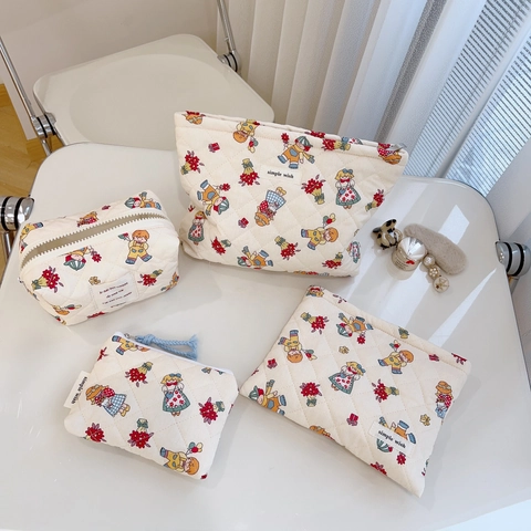 Quilted Cotton Makeup Bag Cute Cartoon Floral Print Cosmetic Pouch Zipper Closure Portable Travel Storage Organizer For Women
