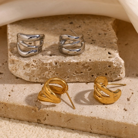 Mode Edelstahl 18K Vergoldet Hohl Geometrisch Verflochtene Linien Ohrstecker Für Damen Minimalistischer Schmuck