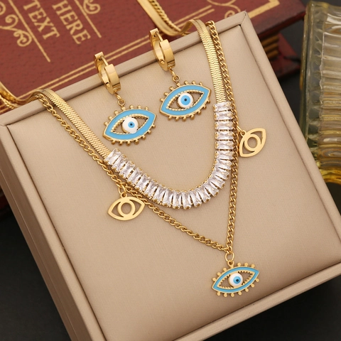 Evil Eye Double Layer Necklace Bracelet Earrings Stainless Steel Blue Enamel Zircon Gold Jewelry For Women