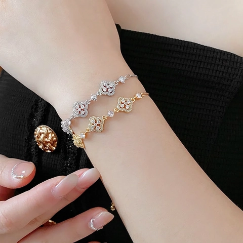 Bracciale In Rame Da Donna Quadrifoglio Fiore Farfalla Zircone Placcato Oro Argento Fibbia Scorrevole Regolabile Gioielli
