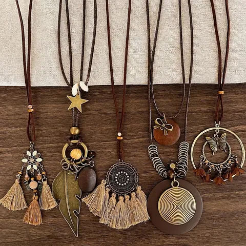 Collana Lunga Con Pendente Bohemien Lega Legno Corda In Cuoio Nappa Strass Etnico Retrò Gioielli Per Donna