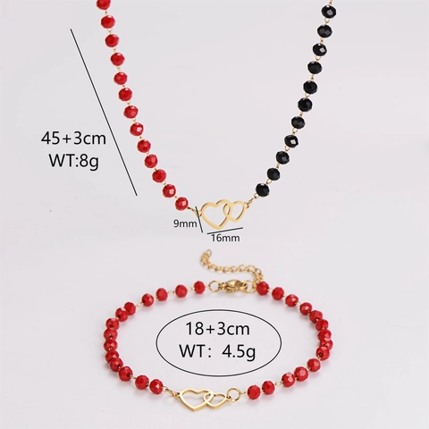 Collana E Bracciale Doppio Cuore Acciaio Inossidabile 304 Placcato Oro Perle Vetro Rosse Nere Gioielli Moda Versatili