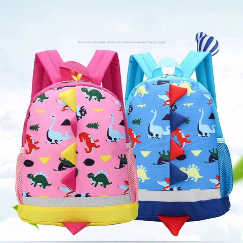 Kids Cartoon Dinosaur Backpack 3D Fins Breathable Nylon Preschool Kindergarten School Bag Reflective Strip Boys Girls