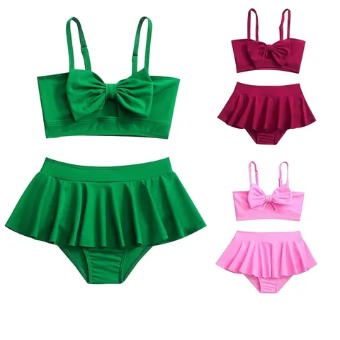 Girls Swimsuit Nylon Adjustable Straps Large Bow Decor Ruffled Skirted Bottom Solid Color Beach Pool Quick Dry Swimwear