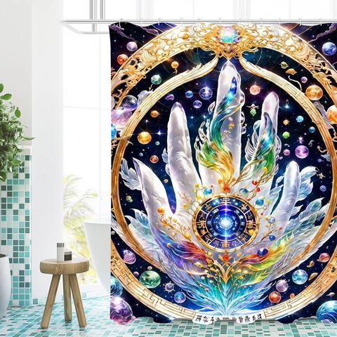 Duschvorhang Wasserdichtes Polyester Mystische Astrologie Palme Mandala Elefant Künstlerischer Blumendruck Badezimmer Mit Haken