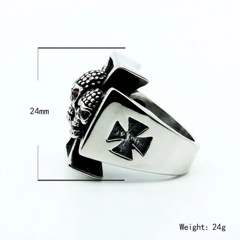 Men Stainless Steel Skull Ring Iron Cross Gothic Biker Punk Style Red Rhinestone Eye Gold Silver Casted Ring Jewelry