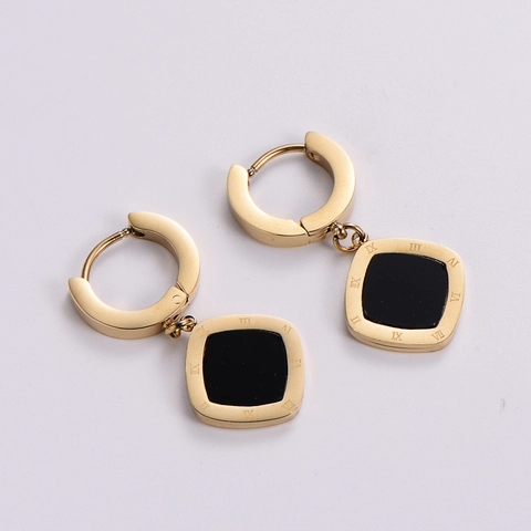 18K Gold Plated 316L Stainless Steel Hoop Earrings With Square Black Enamel Pendant Roman Numerals Retro For Women