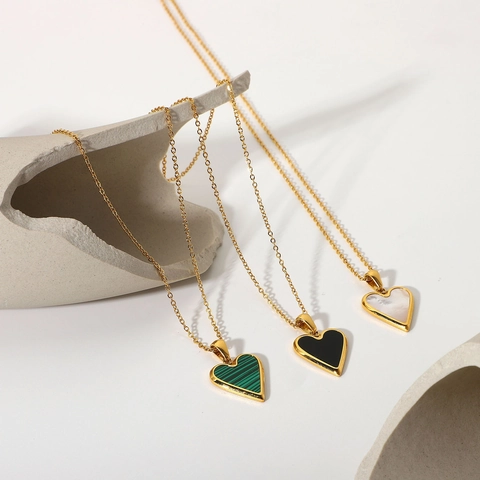 Herz Anhänger Halskette 18K Vergoldet Edelstahl Mit Muschel Malachit Für Damen Vintage Elegant Light Luxury INS Stil