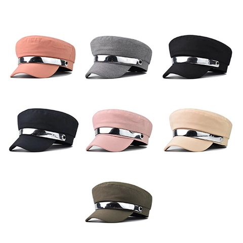 Casquette Gavroche Pour Femmes En Coton À Toit Plat Chapeau Militaire Avec Barre Métallique Argentée Décor Lettre M Style Rétro Britannique