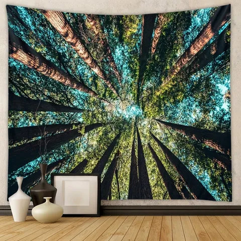 Forest Landscape Tapestry Wall Hanging Nature Scenery Trees Lake Sunbeams Misty Woodland Polyester Fabric Decor